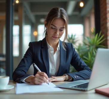 Femme d'affaires confiante examinant un contrat dans son bureau moderne