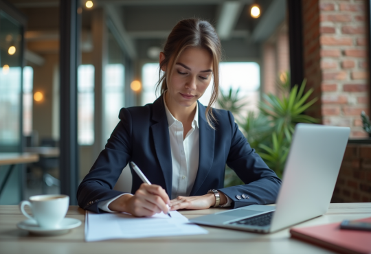 Femme d'affaires confiante examinant un contrat dans son bureau moderne