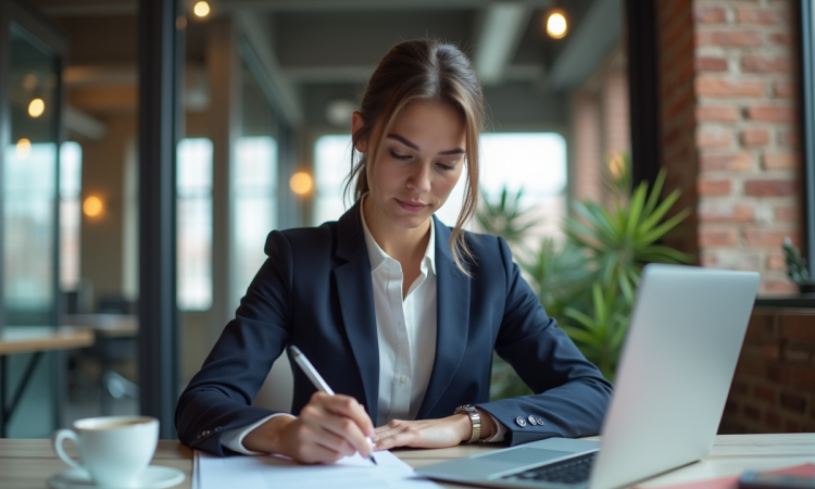 Femme d'affaires confiante examinant un contrat dans son bureau moderne