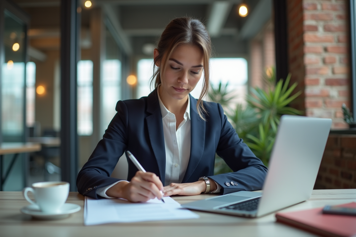 Femme d'affaires confiante examinant un contrat dans son bureau moderne