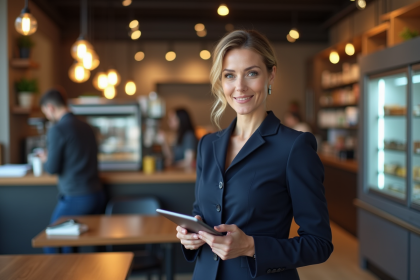 Femme d'affaires française dans un café franchise moderne