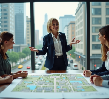 Femme d'affaires devant une carte urbaine en réunion