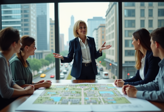 Femme d'affaires devant une carte urbaine en réunion