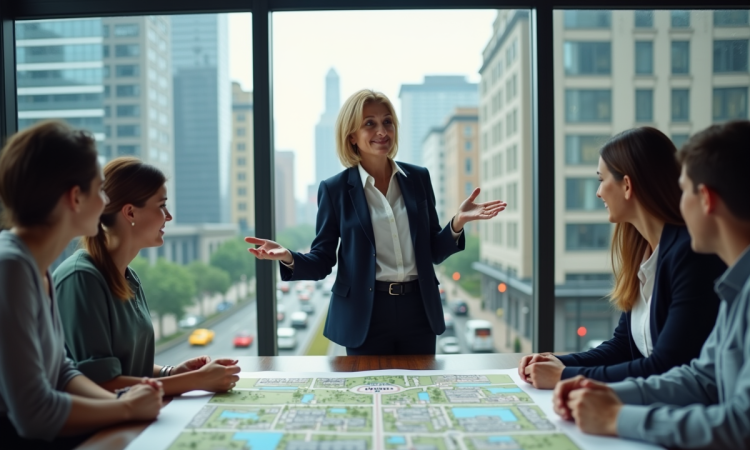 Femme d'affaires devant une carte urbaine en réunion