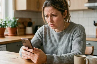 Femme frustrée regardant un appel inconnu sur son smartphone dans une cuisine moderne, illustrant le filtrage des appels indésirables