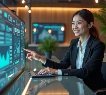 Femme confiante utilisant une interface bancaire futuriste