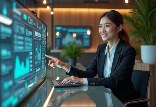 Femme confiante utilisant une interface bancaire futuriste