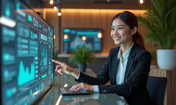 Femme confiante utilisant une interface bancaire futuriste