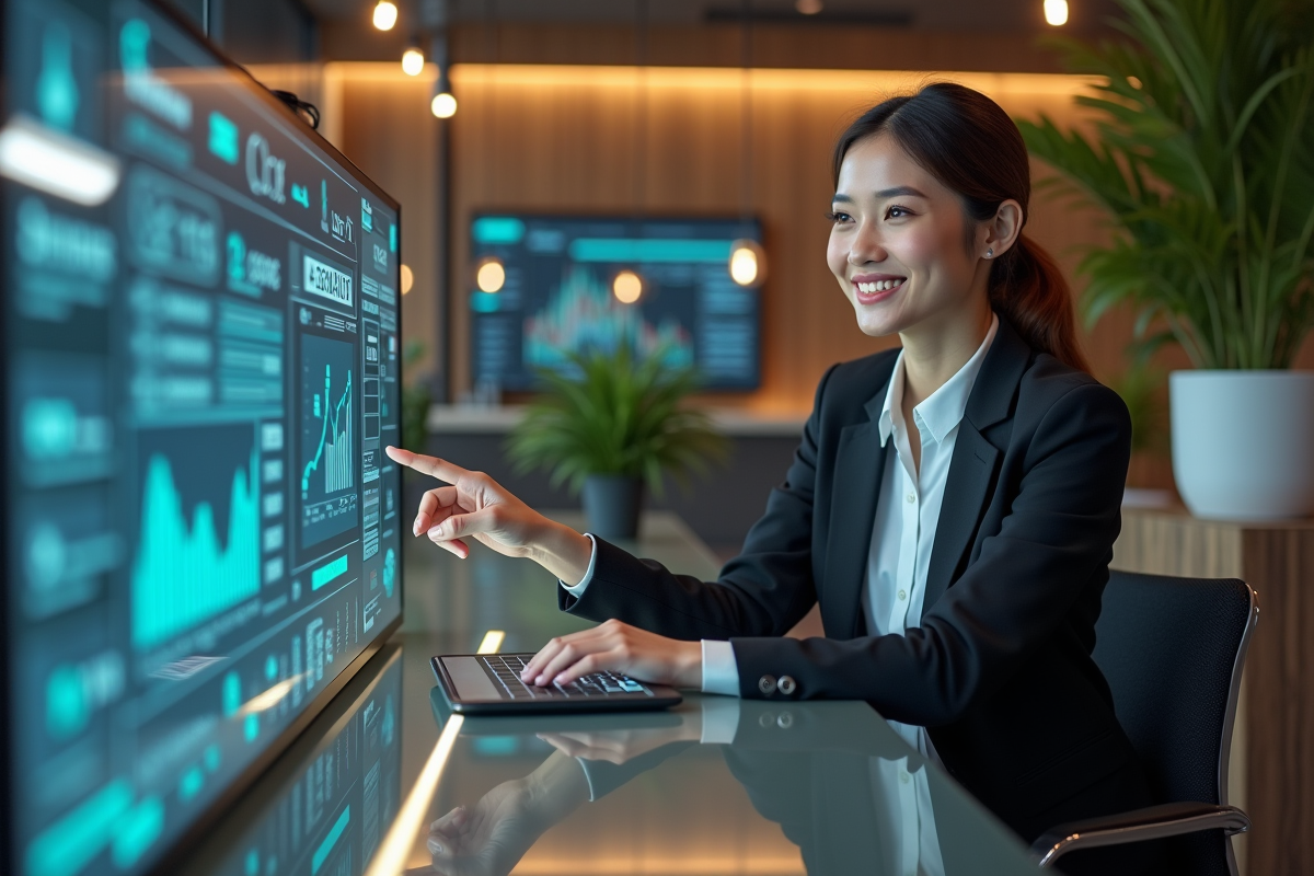 Femme confiante utilisant une interface bancaire futuriste