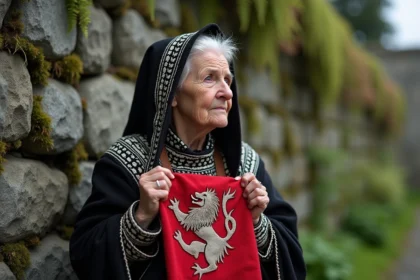 Femme bretonne en costume traditionnel tenant un drapeau ancien