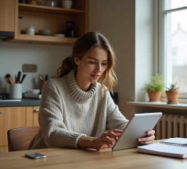 Jeune femme planifiant son budget avec tablette dans la cuisine