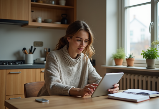Jeune femme planifiant son budget avec tablette dans la cuisine