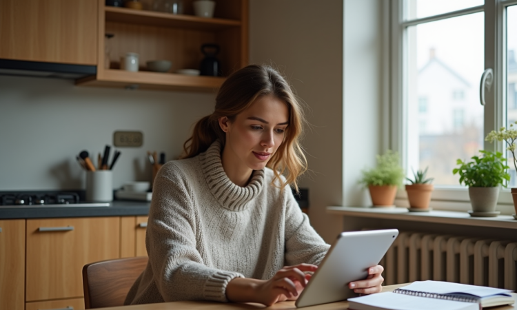 Jeune femme planifiant son budget avec tablette dans la cuisine