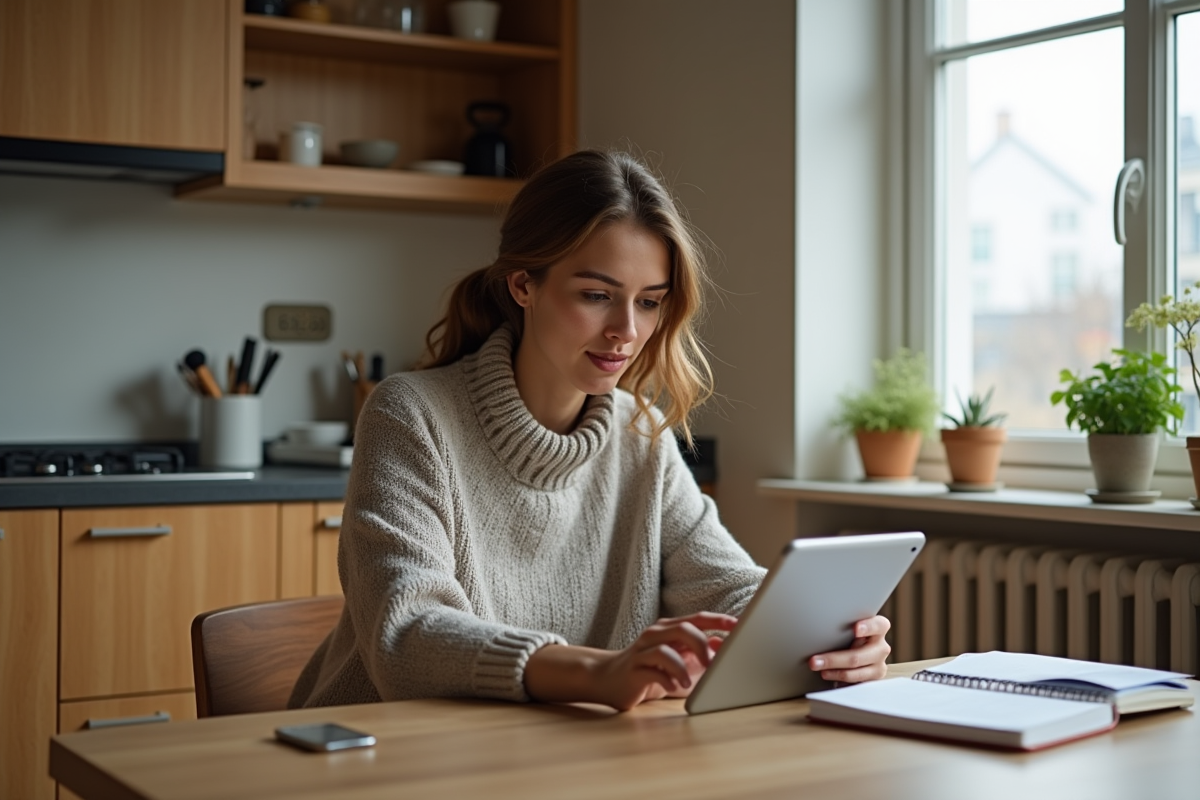 Jeune femme planifiant son budget avec tablette dans la cuisine