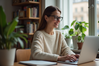 Femme souriante travaillant à son bureau à domicile