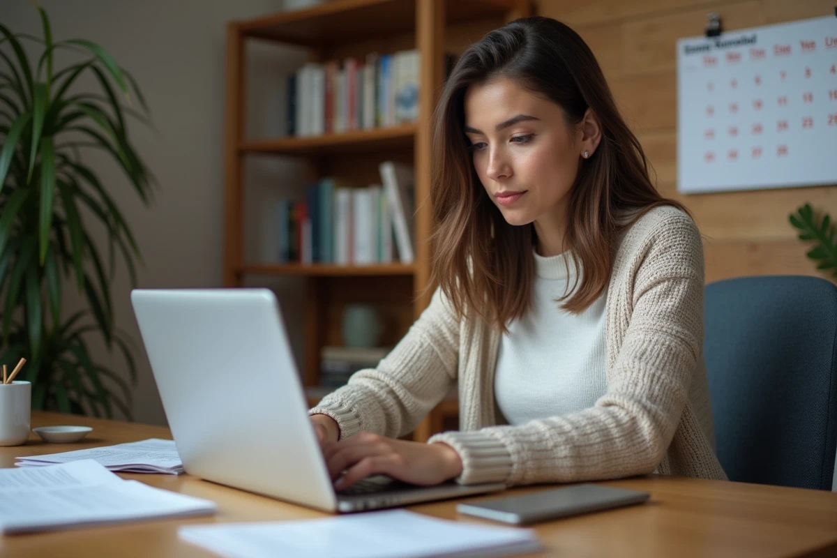 Femme concentrée travaillant sur son ordinateur dans un bureau