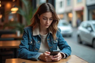 Femme assise au café regardant son téléphone en réflexion