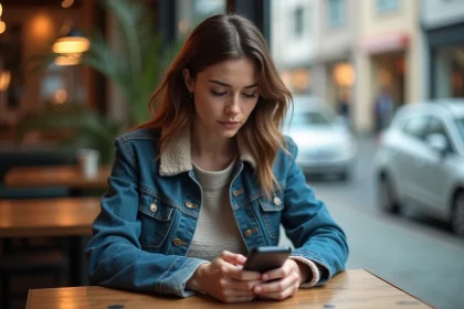 Femme assise au café regardant son téléphone en réflexion