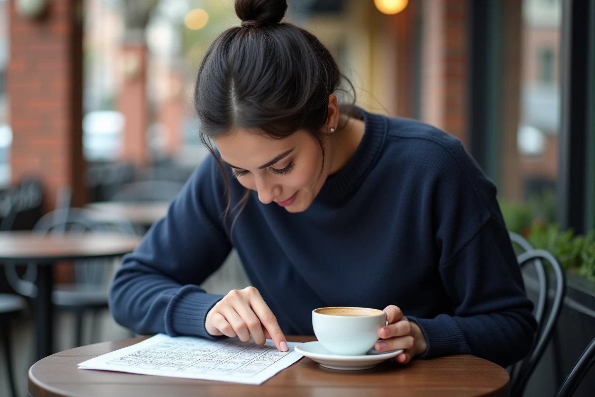 Femme en pull marine penchée sur un casse-tête complexe dans un café urbain cherchant une solution