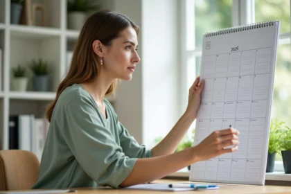 Femme organisant ses priorités sur un calendrier trimestriel 2026 dans un bureau à domicile moderne