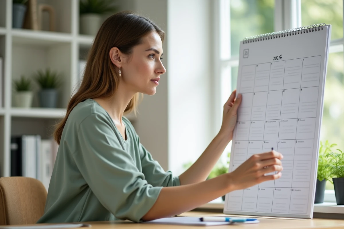 Femme organisant ses priorités sur un calendrier trimestriel 2026 dans un bureau à domicile moderne