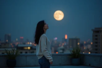 Femme célibataire contemplant la pleine lune de novembre depuis un toit urbain, ambiance romantique et introspective
