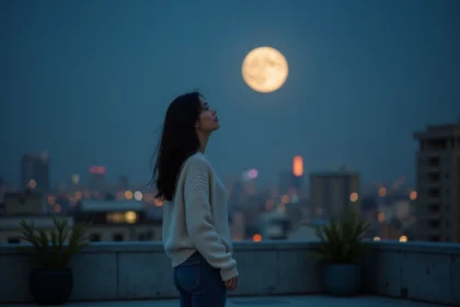 Femme célibataire contemplant la pleine lune de novembre depuis un toit urbain, ambiance romantique et introspective