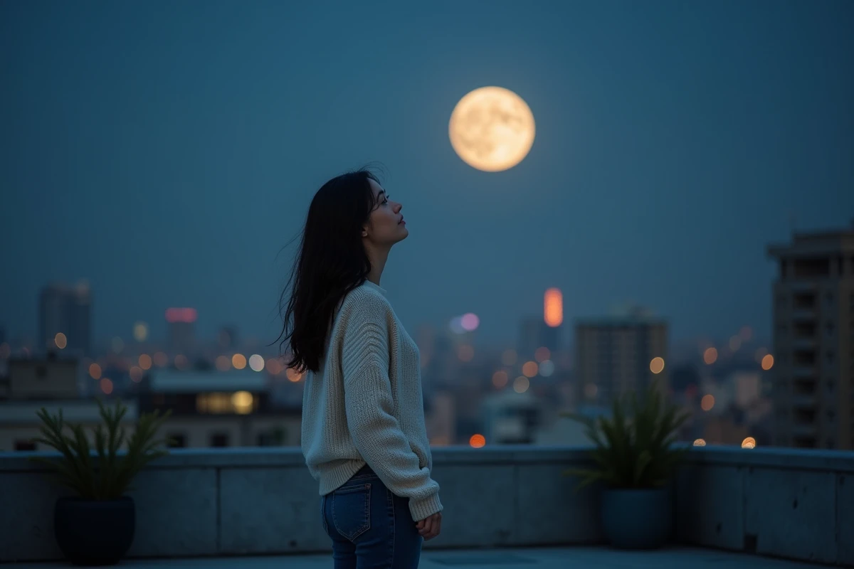 Femme célibataire contemplant la pleine lune de novembre depuis un toit urbain, ambiance romantique et introspective