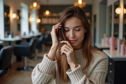 Femme examinant ses cheveux abîmés dans un salon moderne