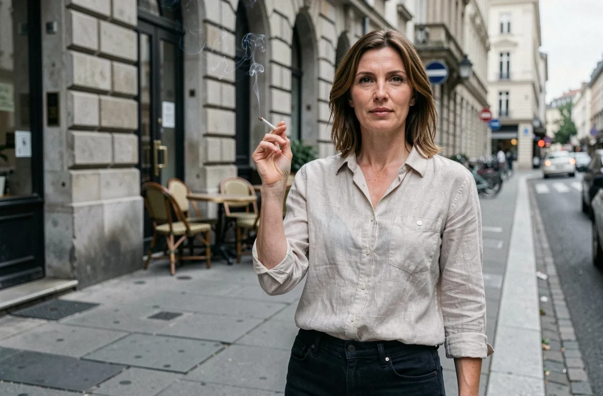 Femme tenant une cigarette dans une rue urbaine européenne, représentant la consommation quotidienne de cigarette en ville