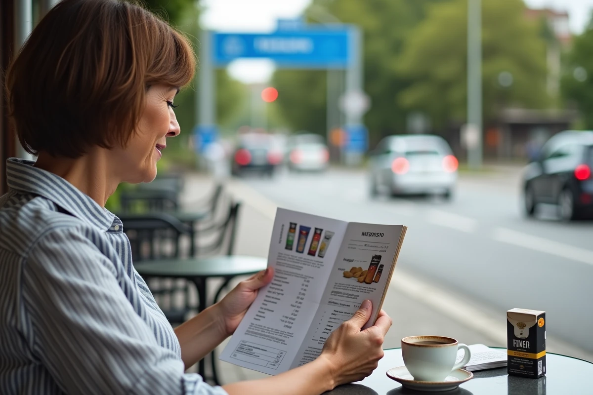 Femme consultant un comparatif de prix de cartouches de cigarettes en terrasse près d'une frontière européenne
