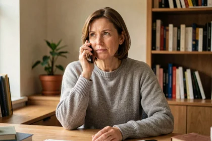 Femme mature téléphonant à un voyant sérieux depuis son bureau à domicile, atmosphère calme et réfléchie