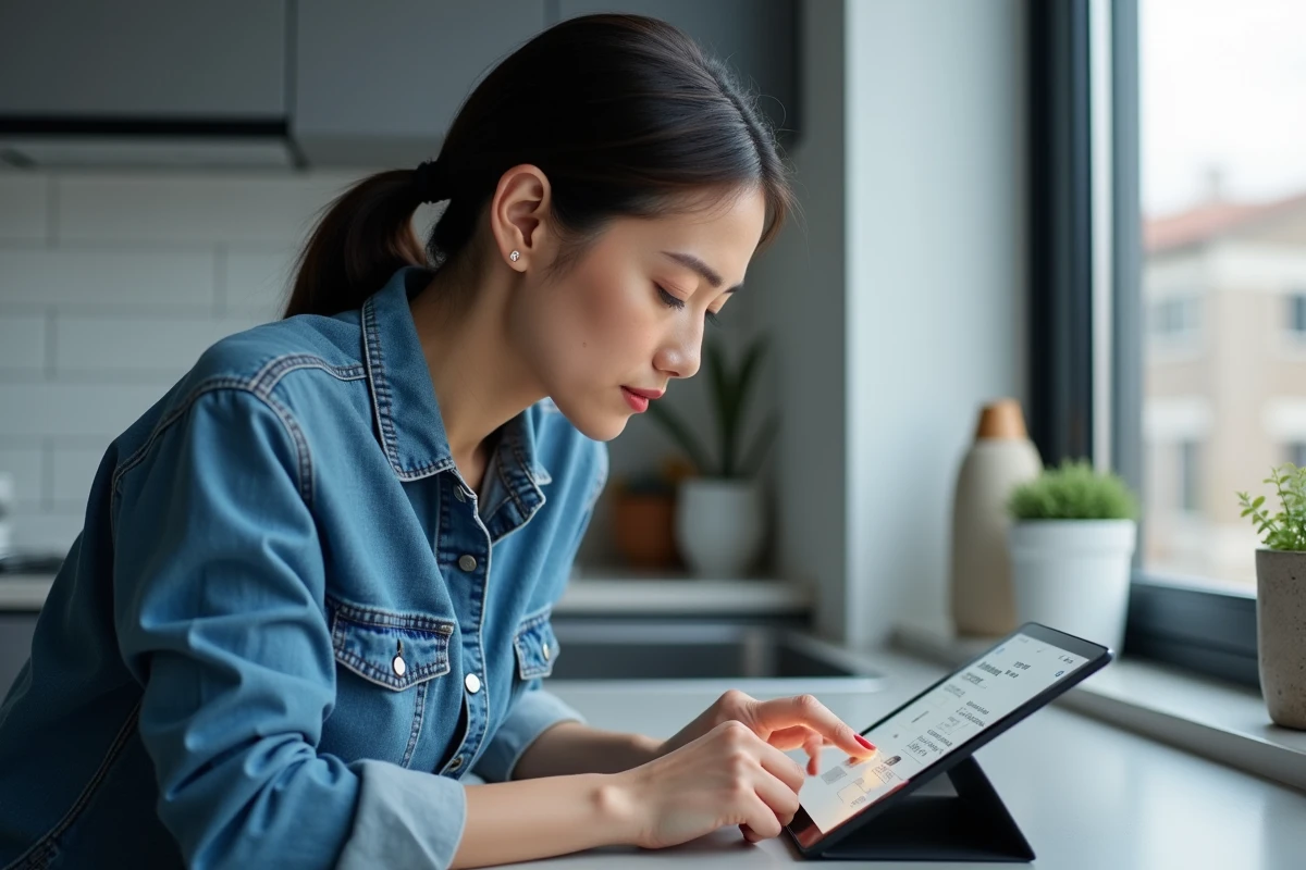 Femme consultant une soluce en ligne pour progresser dans Rooms And Exits sur tablette