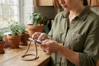 Femme attachant un cordon téléphone portable tressé à son smartphone dans une cuisine moderne en bois