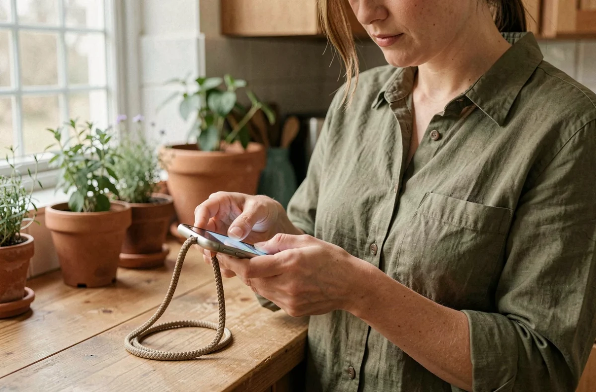 Femme attachant un cordon téléphone portable tressé à son smartphone dans une cuisine moderne en bois