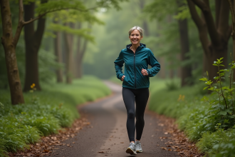 Femme en tenue de sport marchant dans la forêt au matin