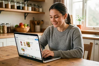 Femme gérant son budget alimentaire sur le site Carrefour courses en ligne depuis sa cuisine