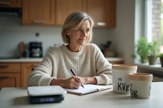 Femme assise à la cuisine avec carnet et balance
