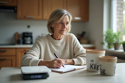 Femme assise à la cuisine avec carnet et balance