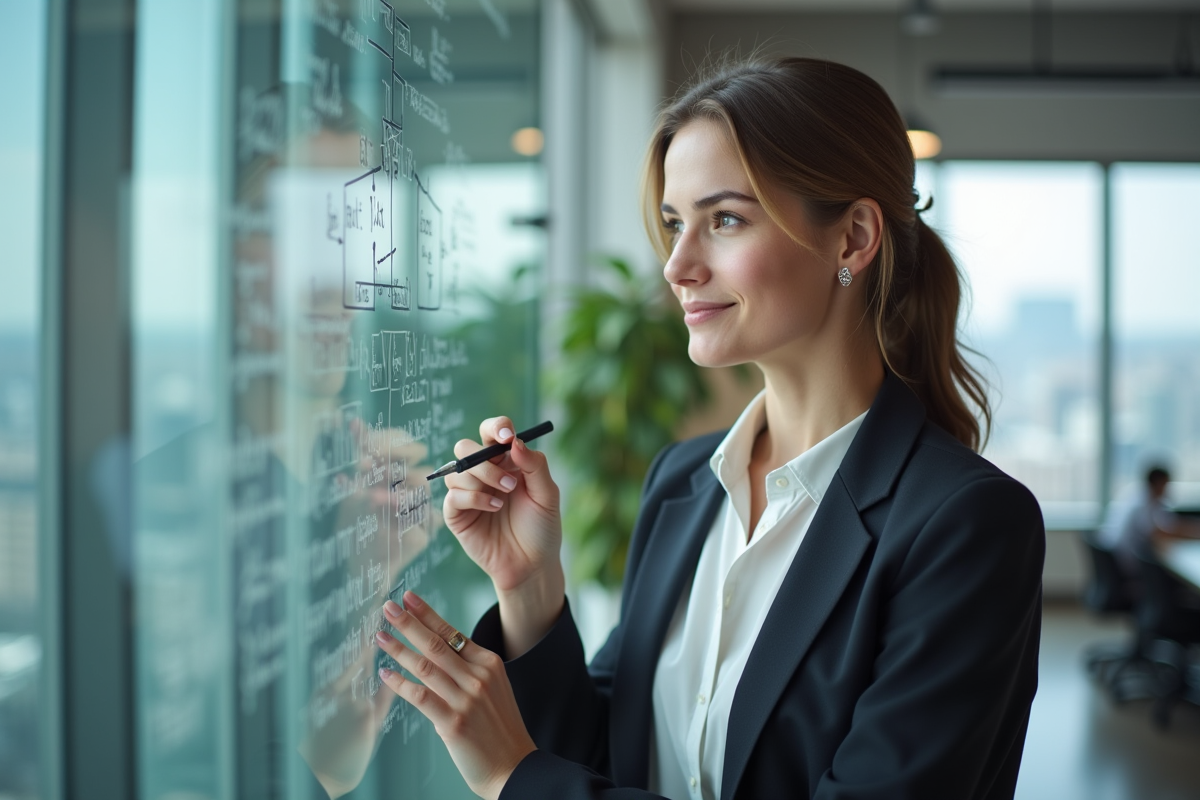 Jeune femme esquissant un diagramme dans un bureau moderne
