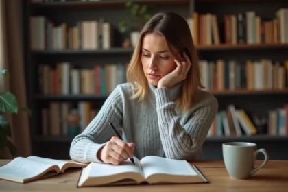 Femme consultant un dictionnaire français pour comprendre le sens exact du verbe s'amenuiser