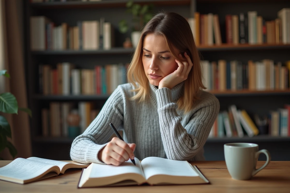 Femme consultant un dictionnaire français pour comprendre le sens exact du verbe s'amenuiser