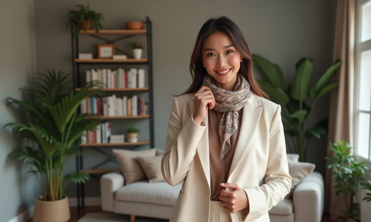 Femme élégante en blazer crème et foulard chic