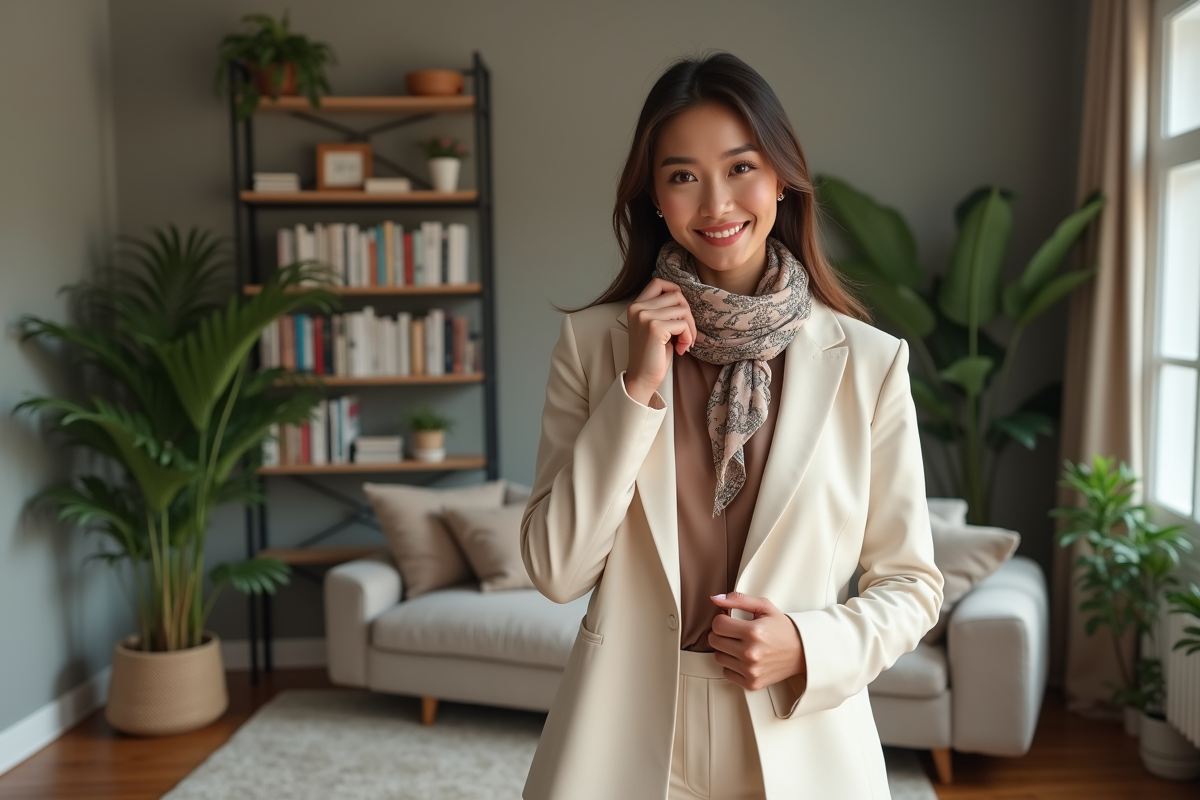 Femme élégante en blazer crème et foulard chic