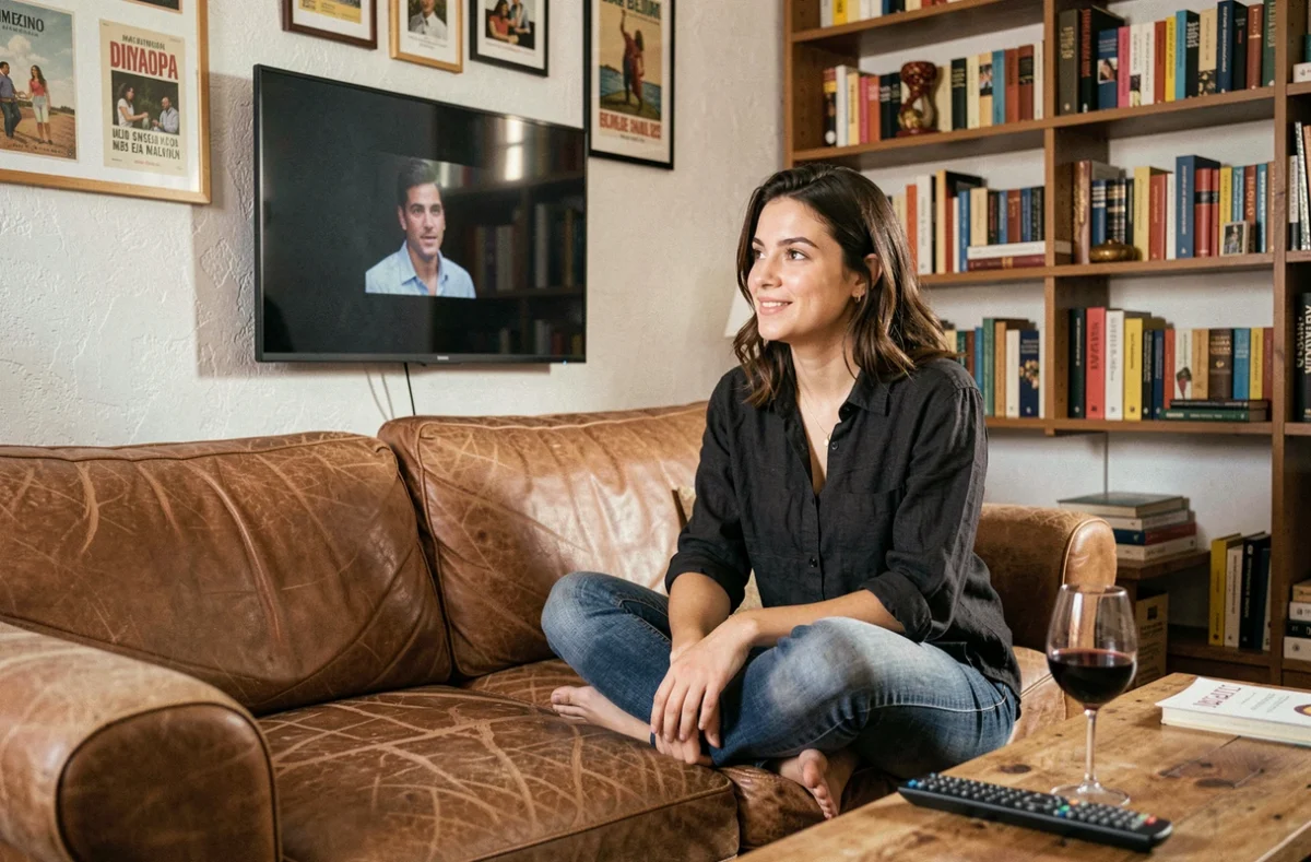 Jeune femme espagnole regardant une série Netflix sur son canapé dans un appartement de Barcelone
