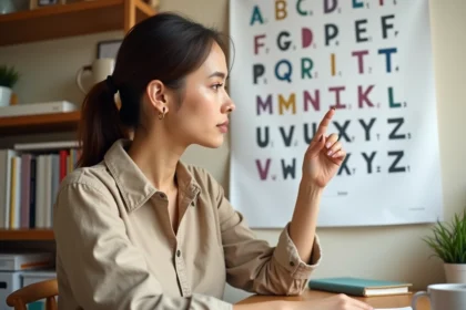 Jeune femme étudiant un tableau de l'alphabet affiché sur un mur en bois dans un bureau à domicile
