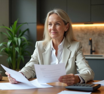 Femme d'affaires examine documents financiers à la maison