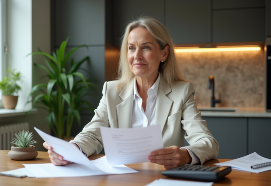 Femme d'affaires examine documents financiers à la maison