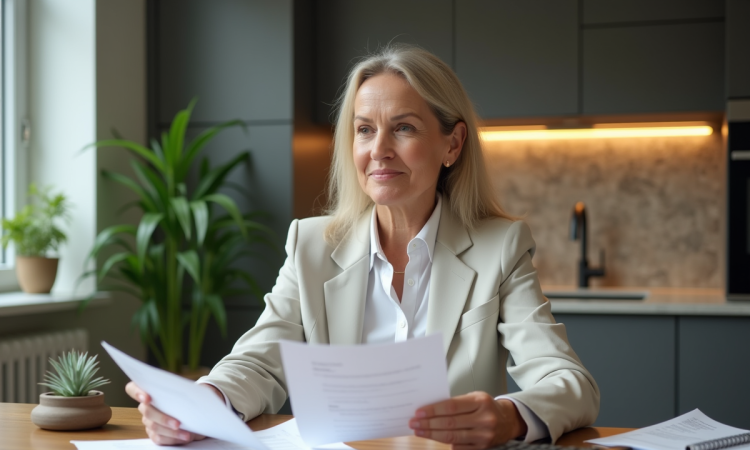 Femme d'affaires examine documents financiers à la maison