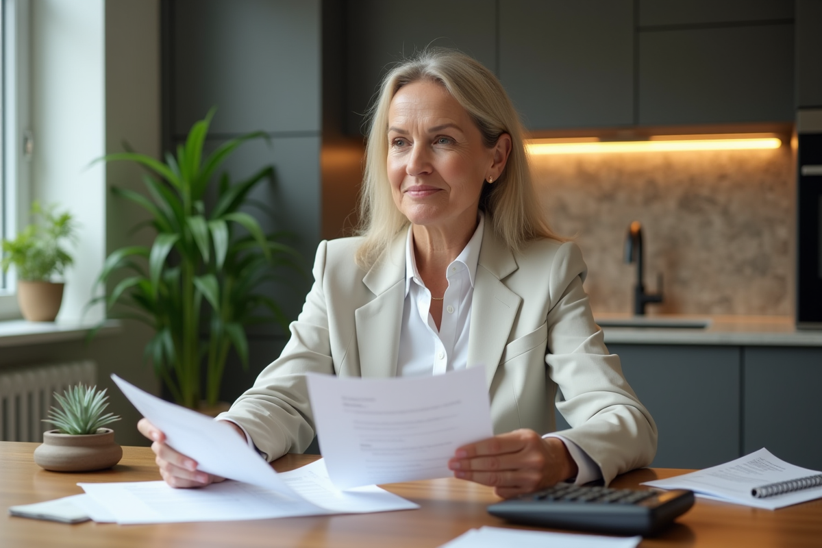 Femme d'affaires examine documents financiers à la maison